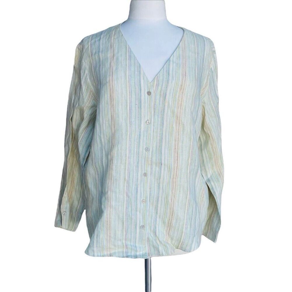 Vintage J JILL Linen Blouse Petite Sz XL Striped Button Front V-neck Long Sleeve